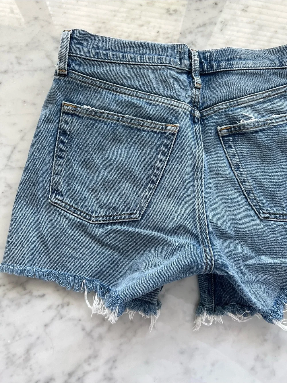 AGOLDE Parker Long High-Rise Cutoff Shorts Skywave Blue Wash Size 26